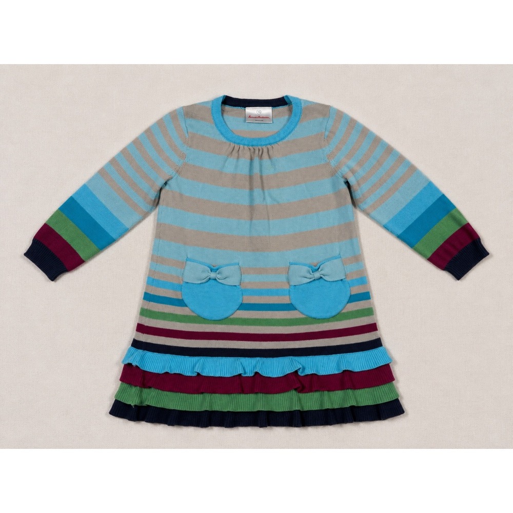 Hanna Andersson Girls Multi Color Striped Ruffle Hem Sweater Dress 90 39186